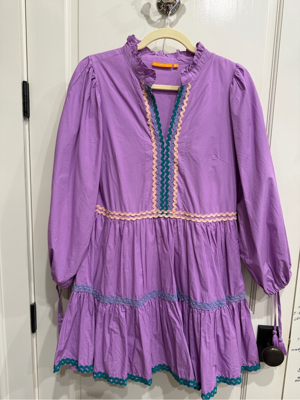 Oliphant Lavender Ruffle-Neck Tiered Dress with Teal & Pink Ric Rac Trim